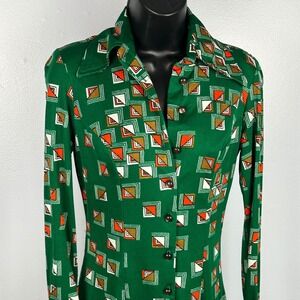 Vintage 70 La Chat Green Geometric Mod Print Long Sleeve Dress Button Down ILGWU